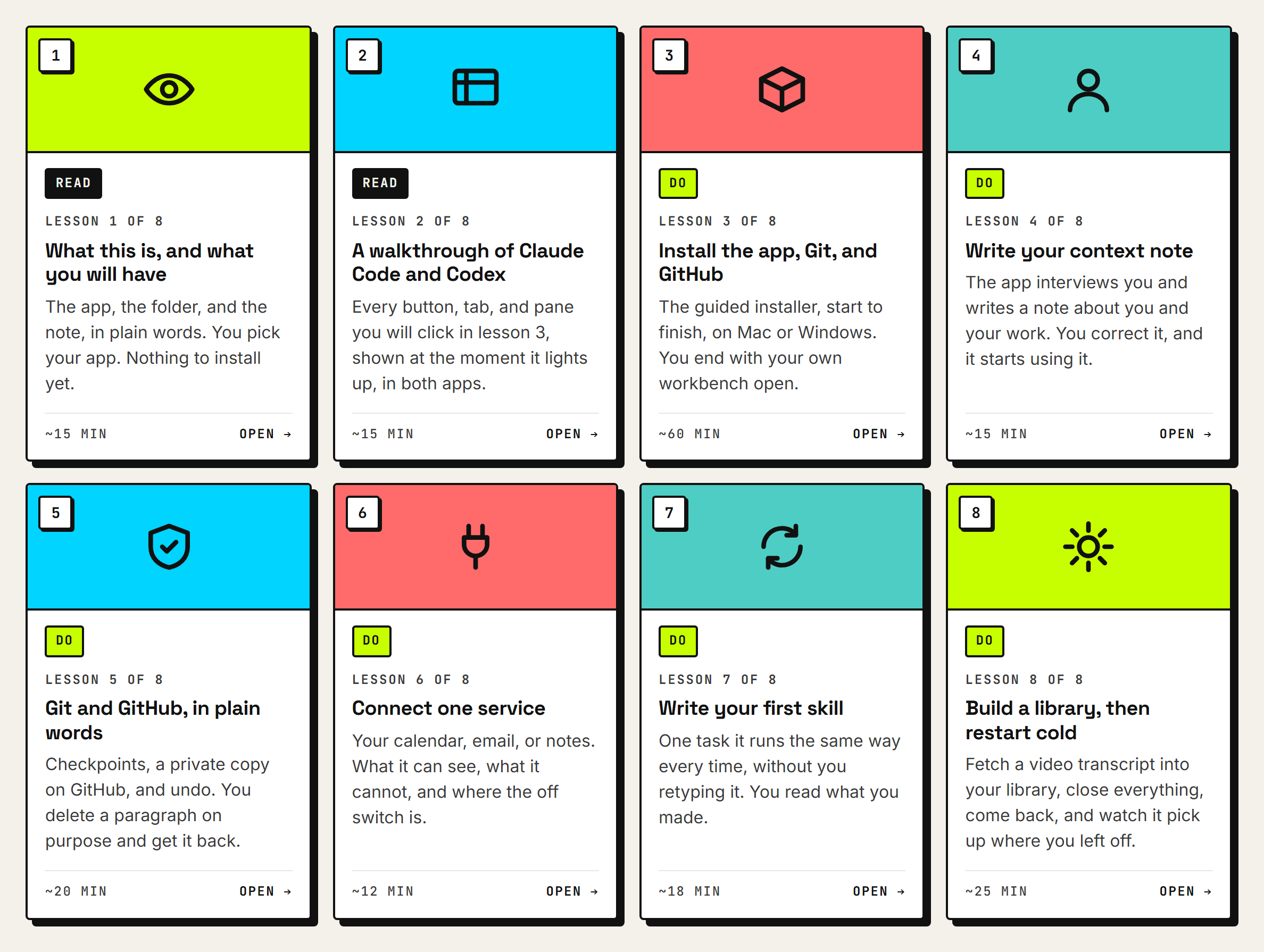 The eight Essentials lesson cards on learn.aibuildlab.com: what this is, a walkthrough of both apps, install the app Git and GitHub, write your context note, Git and GitHub in plain words, connect one service, write your first skill, build a library then restart cold