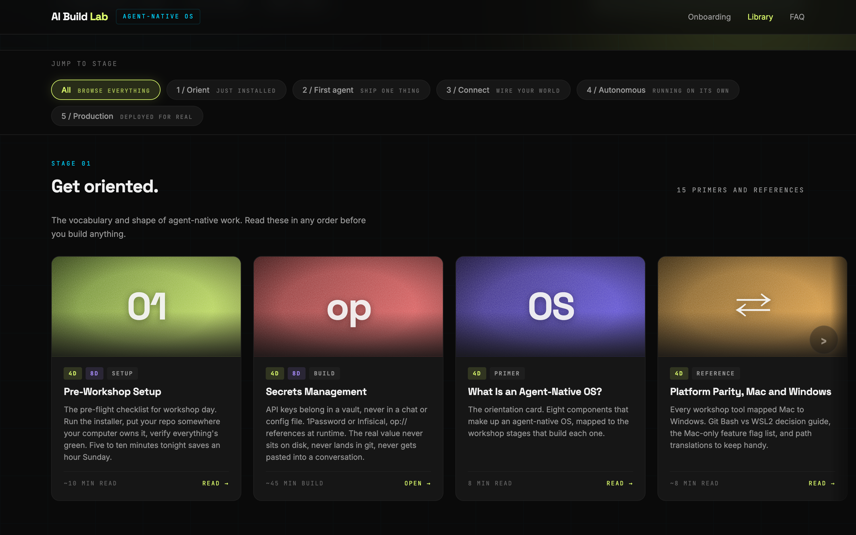 learn.aibuildlab.com - Agent-Native OS use-case library cards