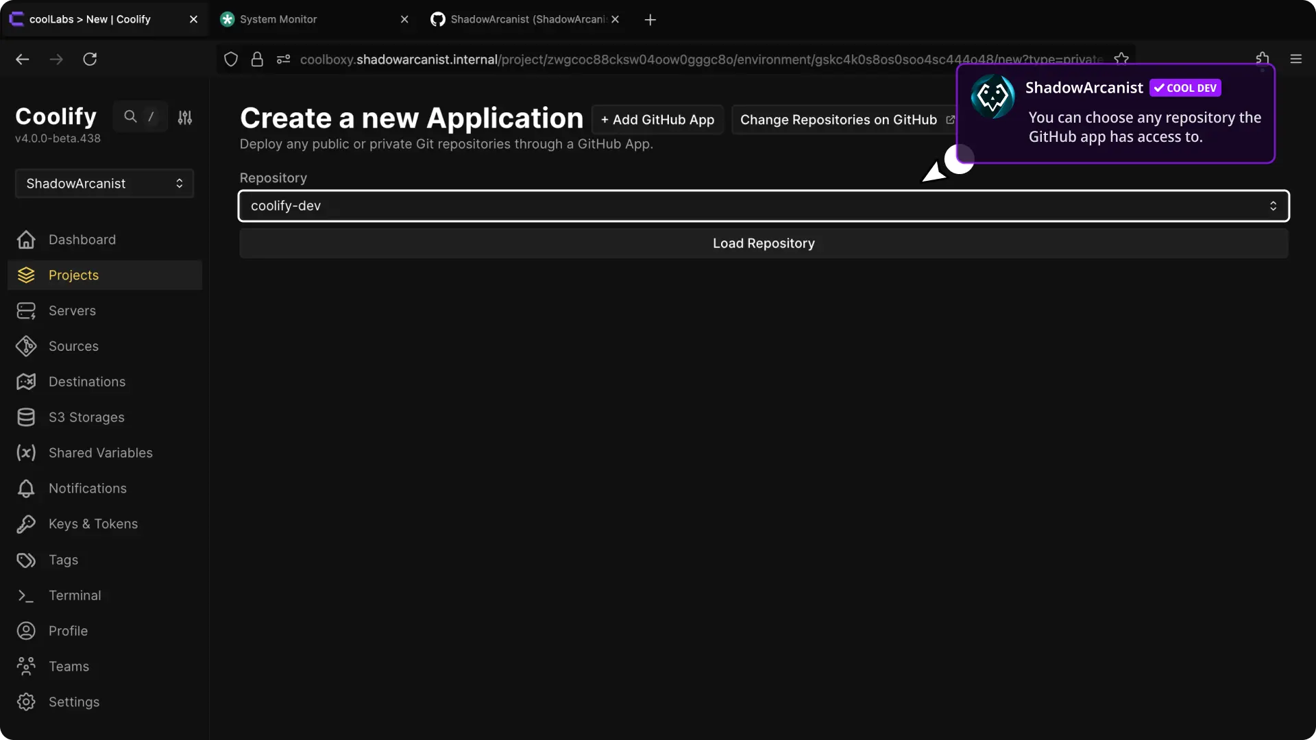 Official Coolify example showing Add GitHub App, a Repository dropdown and Load Repository
